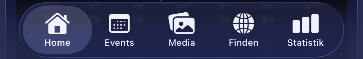 Die Tab-Leiste mit den Tabs Home, Events, Media, Finden und Statistik