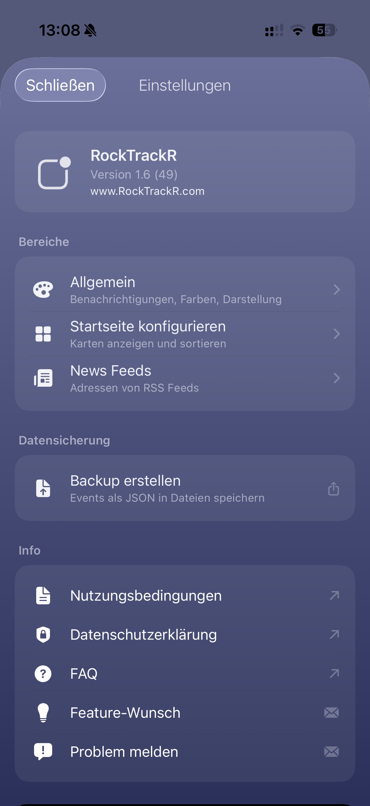 Der Einstellungen-Dialog mit den Abschnitten Bereiche, Datensicherung und Info